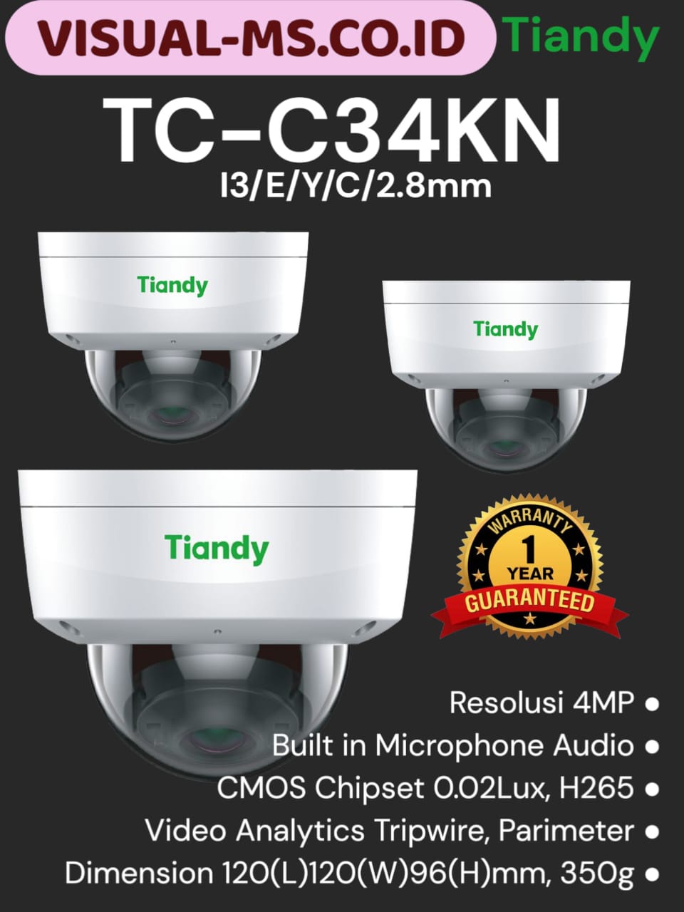 Camera CCTV Tiandy TC-C34KN 4MP Audio PoE Onvif IR indoor Dome